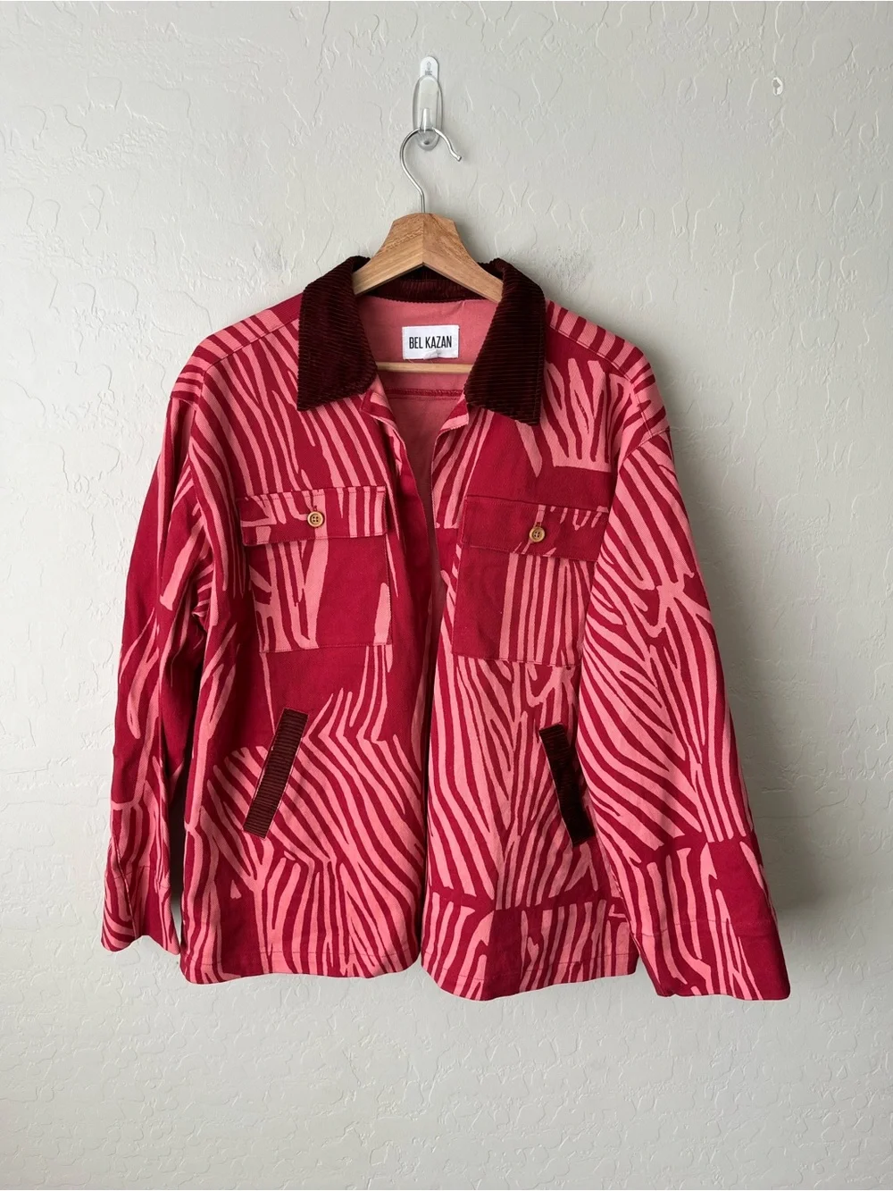Anthropologie Bel Kazan Printed Eclectic Barn Chore Jacket Corduroy Collar Pink